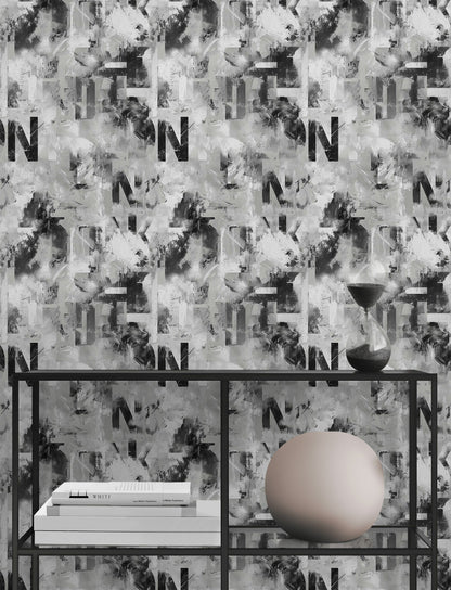 Soyut Tipografik Duvar Kağıdı Gri Siyah Modern Salon