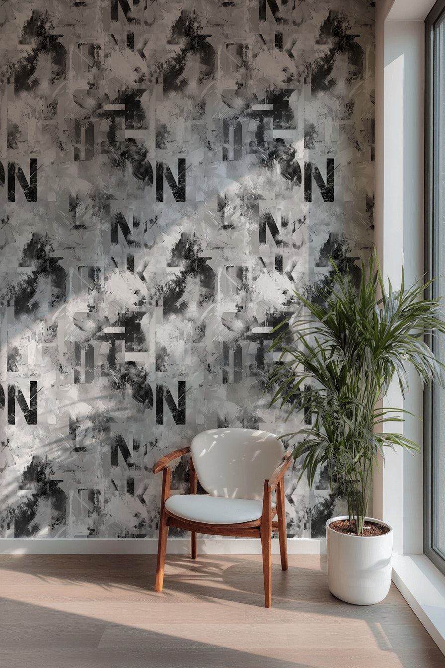 Soyut Tipografik Duvar Kağıdı Gri Siyah Modern Salon