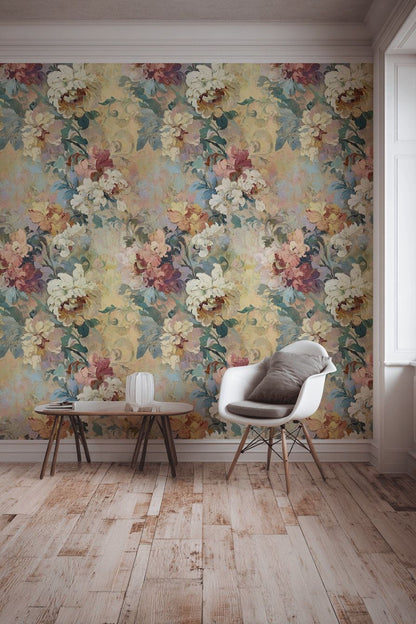 Vintage Çiçekli Duvar Kağıdı Bej Fon Pastel Salon