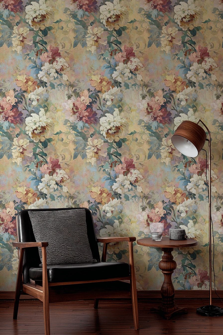 Vintage Çiçekli Duvar Kağıdı Bej Fon Pastel Salon