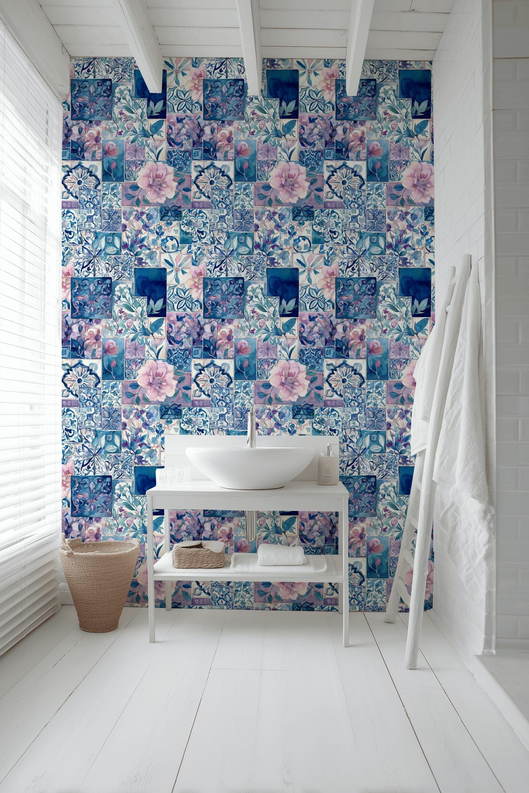 Çini Desenli Çiçekli Duvar Kağıdı Mavi Banyo