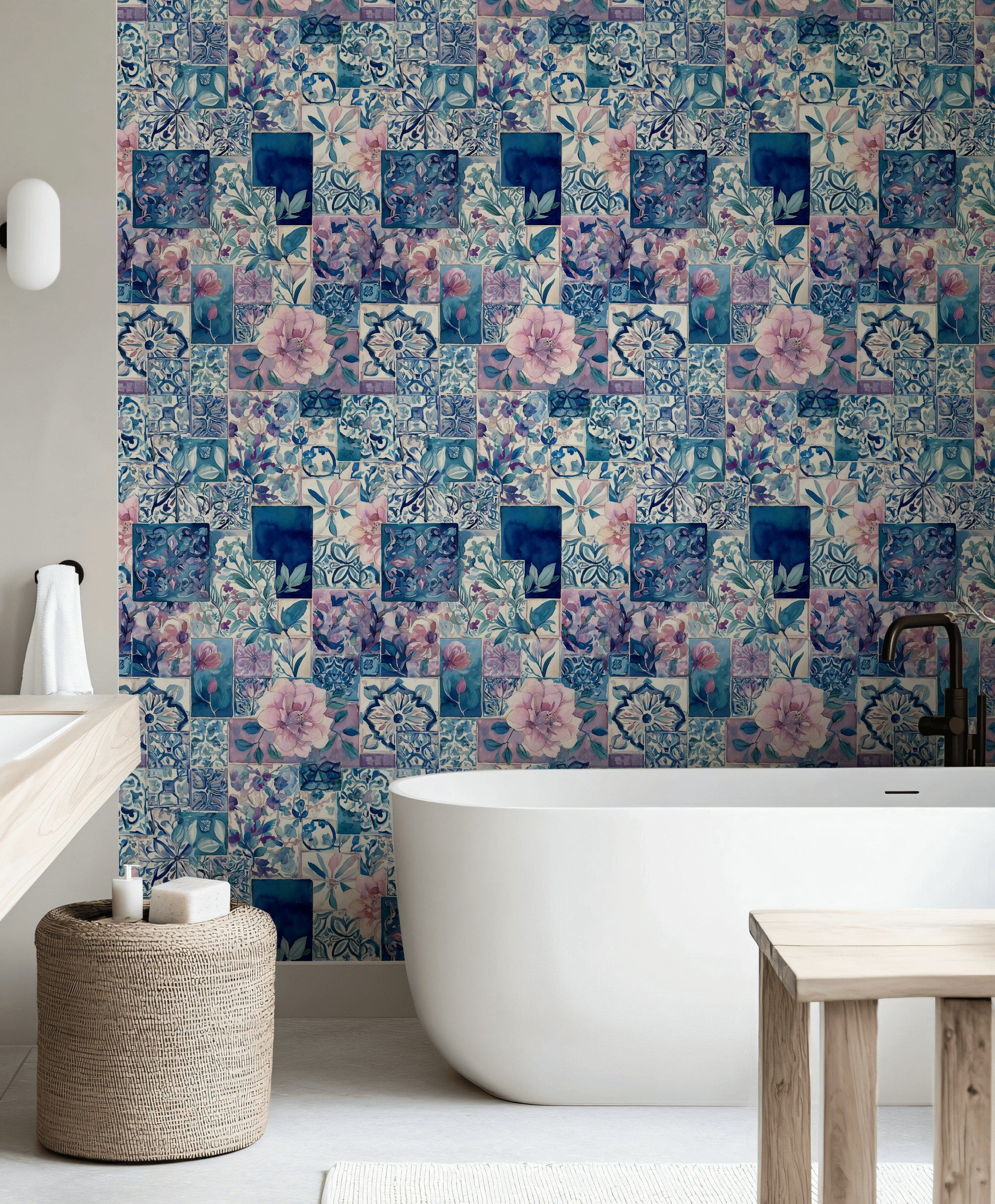 Çini Desenli Çiçekli Duvar Kağıdı Mavi Banyo