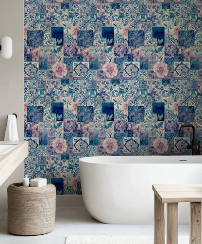 Çini Desenli Çiçekli Duvar Kağıdı Mavi Banyo