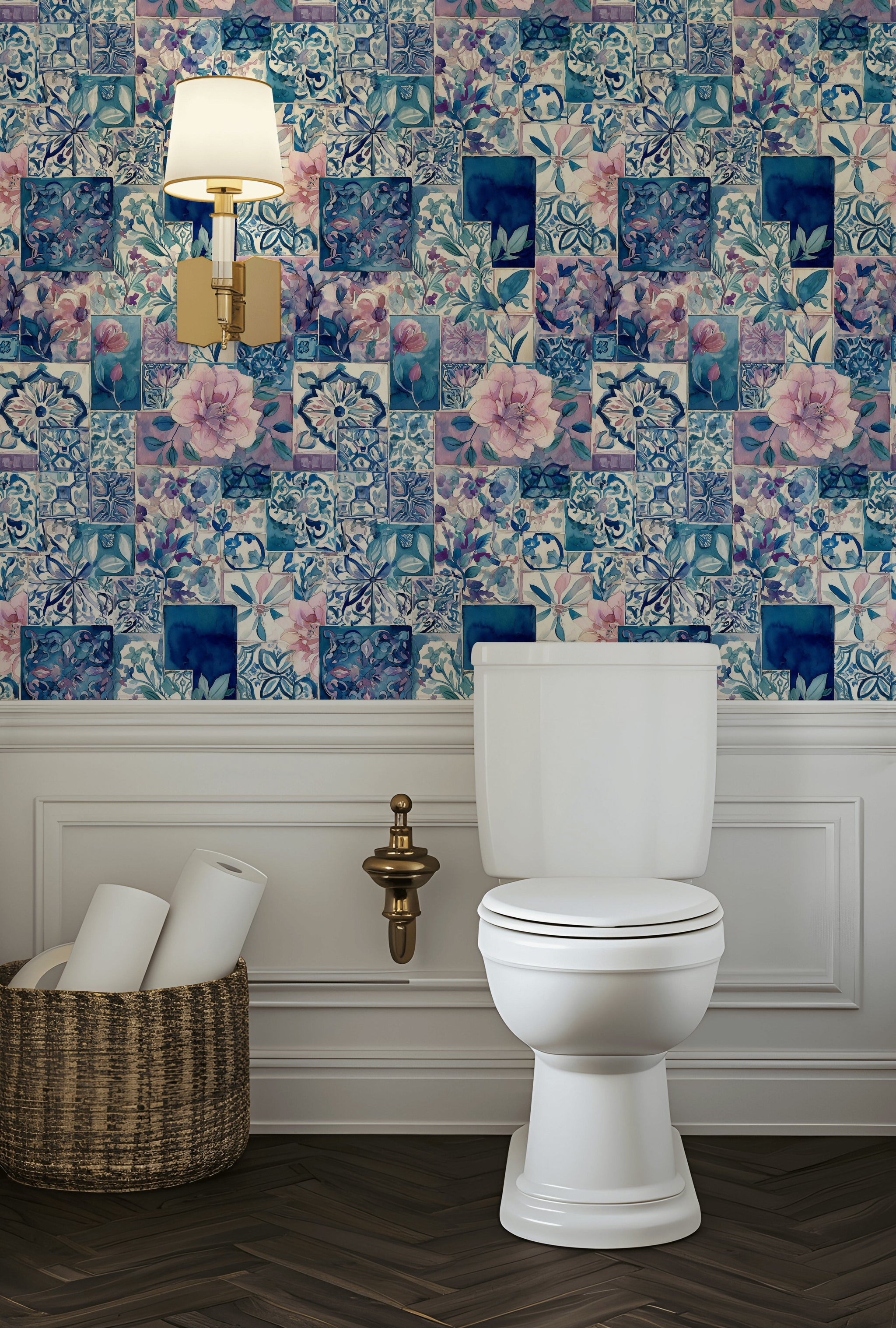 Çini Desenli Çiçekli Duvar Kağıdı Mavi Banyo