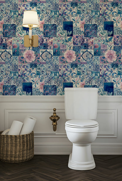 Çini Desenli Çiçekli Duvar Kağıdı Mavi Banyo