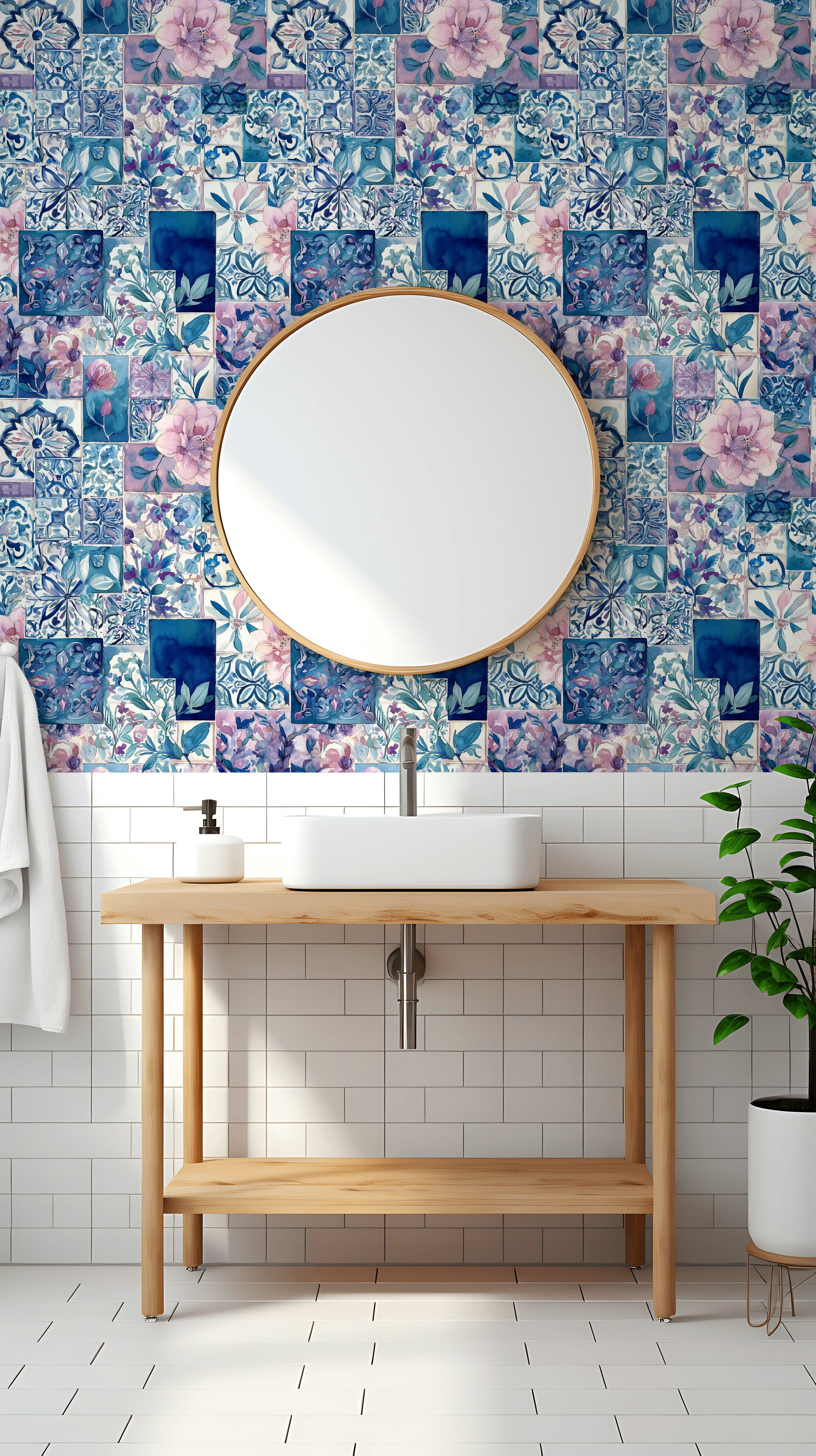 Çini Desenli Çiçekli Duvar Kağıdı Mavi Banyo