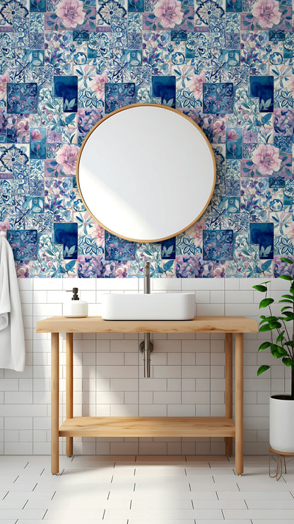 Çini Desenli Çiçekli Duvar Kağıdı Mavi Banyo