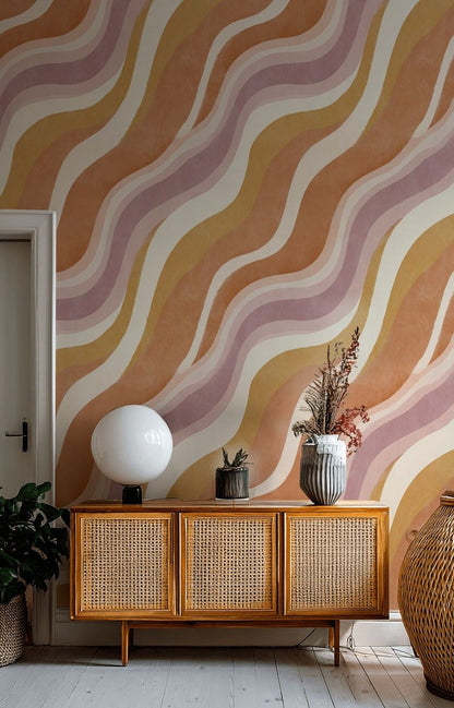Dalgalı Çizgili Duvar Kağıdı Retro Bej Salon Deseni