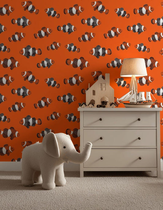 Palyaço Balıklı Duvar Kağıdı Turuncu Deniz Temalı Çocuk Odası