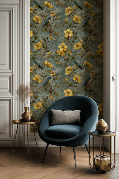 Kuşlu Çiçekli Duvar Kağıdı Yeşil Vintage Salon
