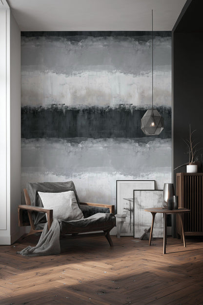 Soyut Beton Desenli Duvar Kağıdı Gri Şeritli Salon