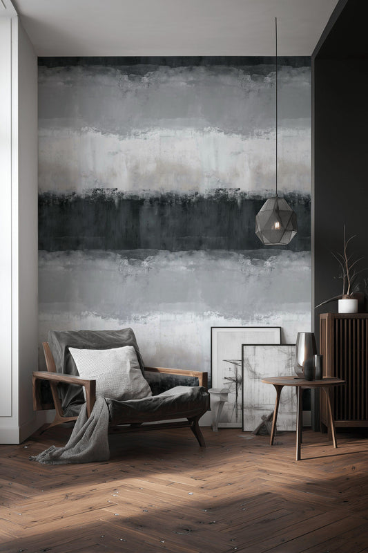 Soyut Beton Desenli Duvar Kağıdı Gri Şeritli Salon