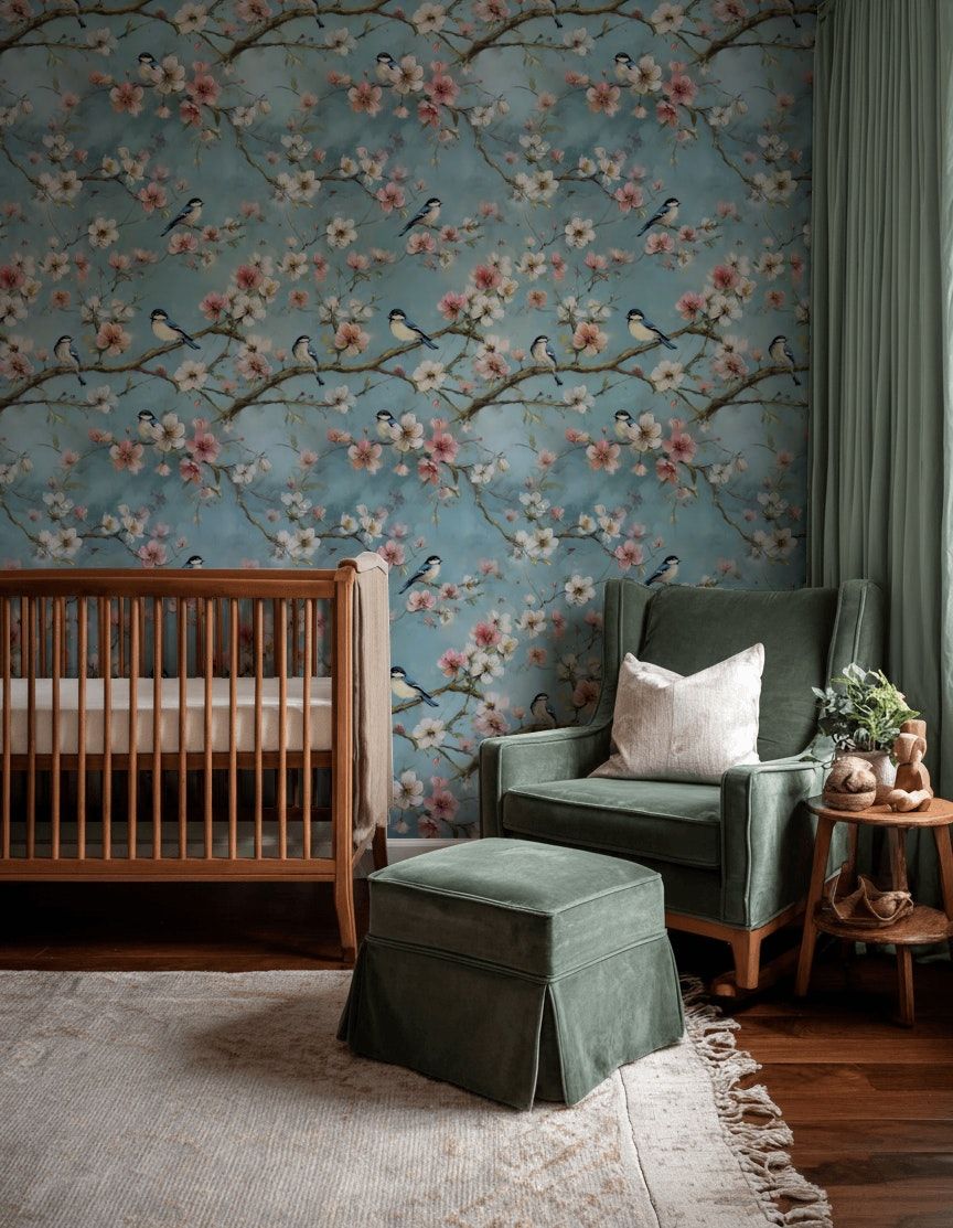 Kuşlu Çiçekli Duvar Kağıdı Mavi Vintage Salon