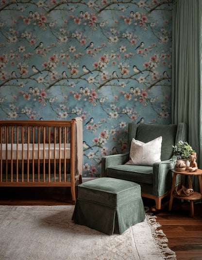 Kuşlu Çiçekli Duvar Kağıdı Mavi Vintage Salon