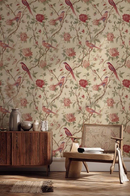 Kuşlu Çiçekli Duvar Kağıdı Krem Vintage Salon