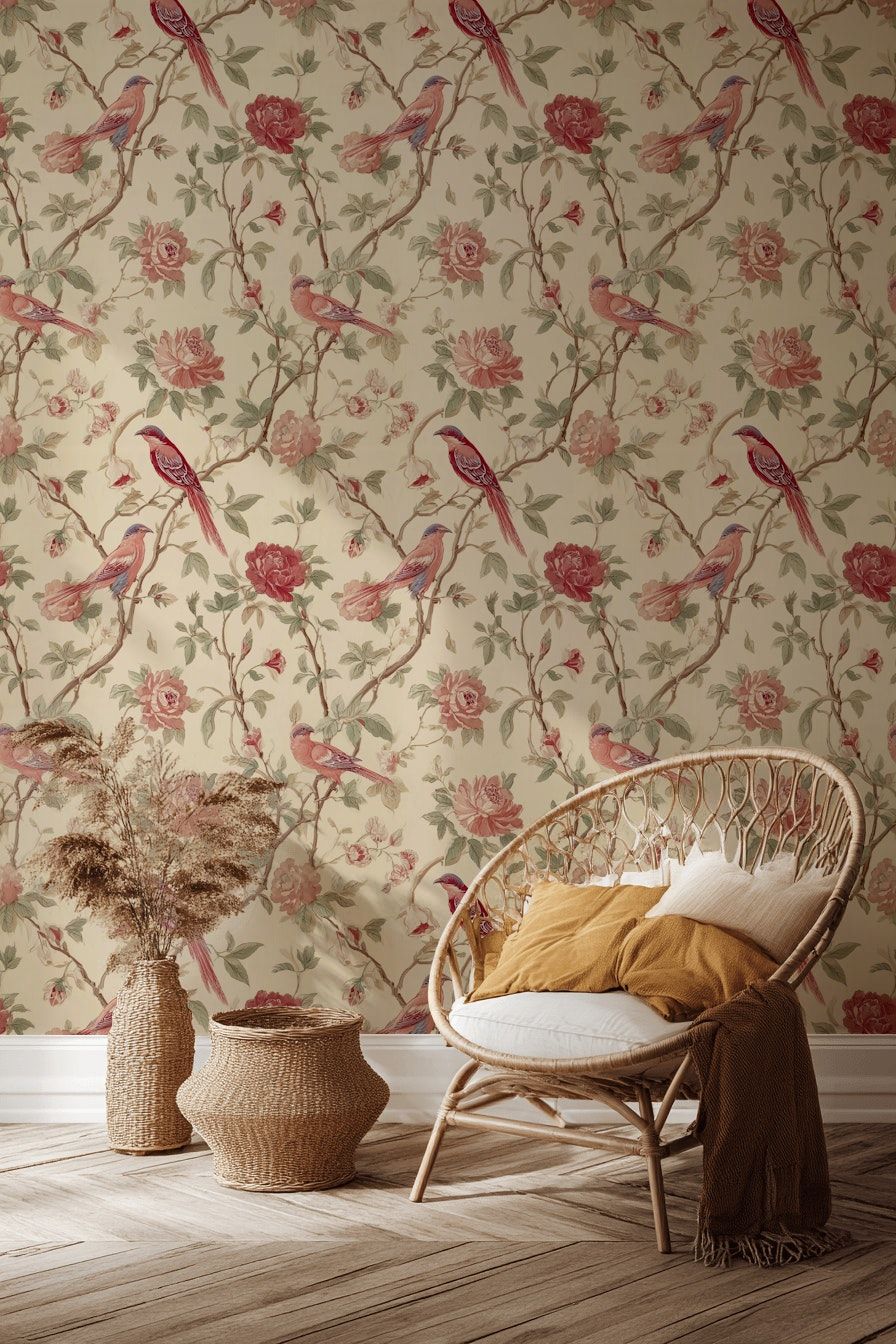 Kuşlu Çiçekli Duvar Kağıdı Krem Vintage Salon