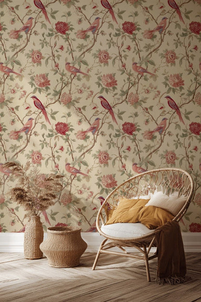 Kuşlu Çiçekli Duvar Kağıdı Krem Vintage Salon