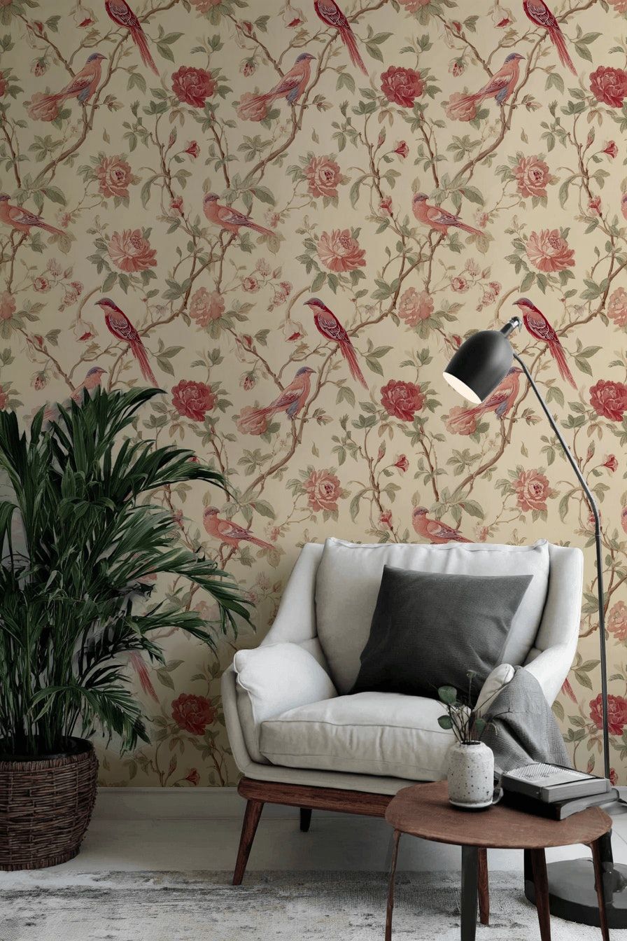 Kuşlu Çiçekli Duvar Kağıdı Krem Vintage Salon