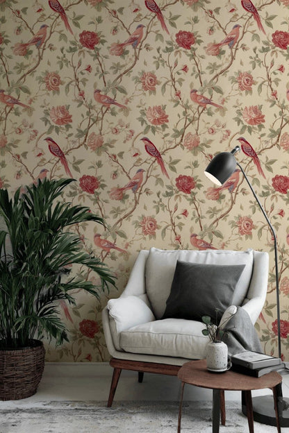 Kuşlu Çiçekli Duvar Kağıdı Krem Vintage Salon