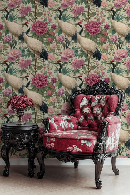 Turna Kuşlu Çiçekli Duvar Kağıdı Yeşil Salon