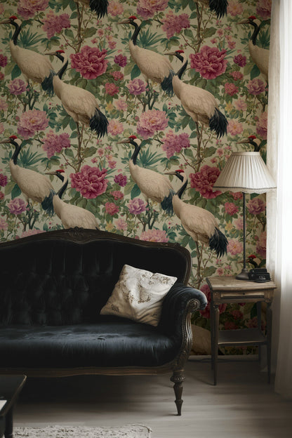 Turna Kuşlu Çiçekli Duvar Kağıdı Yeşil Salon