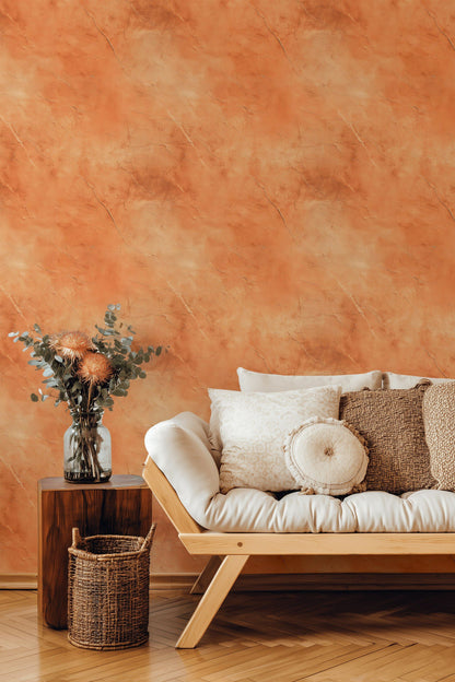 Mermer Desenli Duvar Kağıdı Terracotta Turuncu Modern Salon