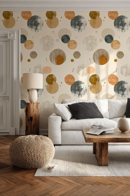 Geometrik Daire Desenli Duvar Kağıdı Bej Salon Modern