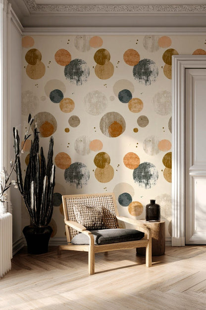 Geometrik Daire Desenli Duvar Kağıdı Bej Salon Modern