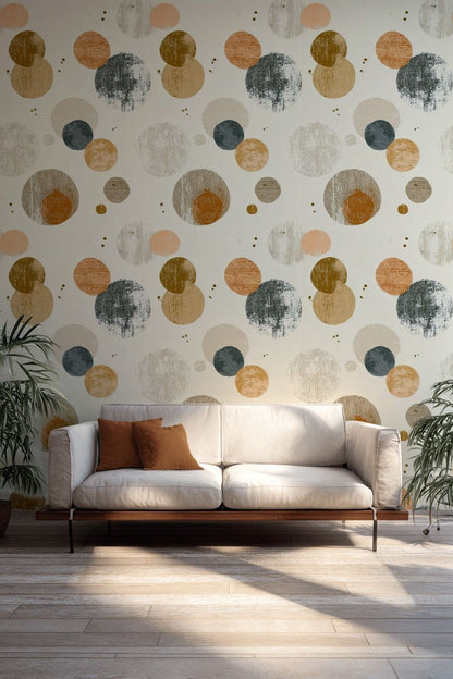 Geometrik Daire Desenli Duvar Kağıdı Bej Salon Modern