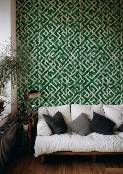 Geometrik Labirent Desenli Duvar Kağıdı Yeşil Modern Salon
