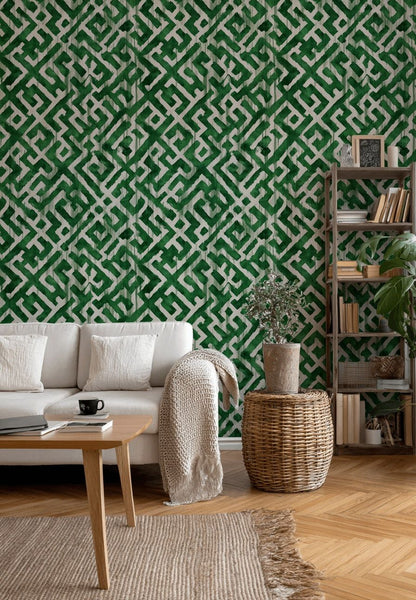 Geometrik Labirent Desenli Duvar Kağıdı Yeşil Modern Salon