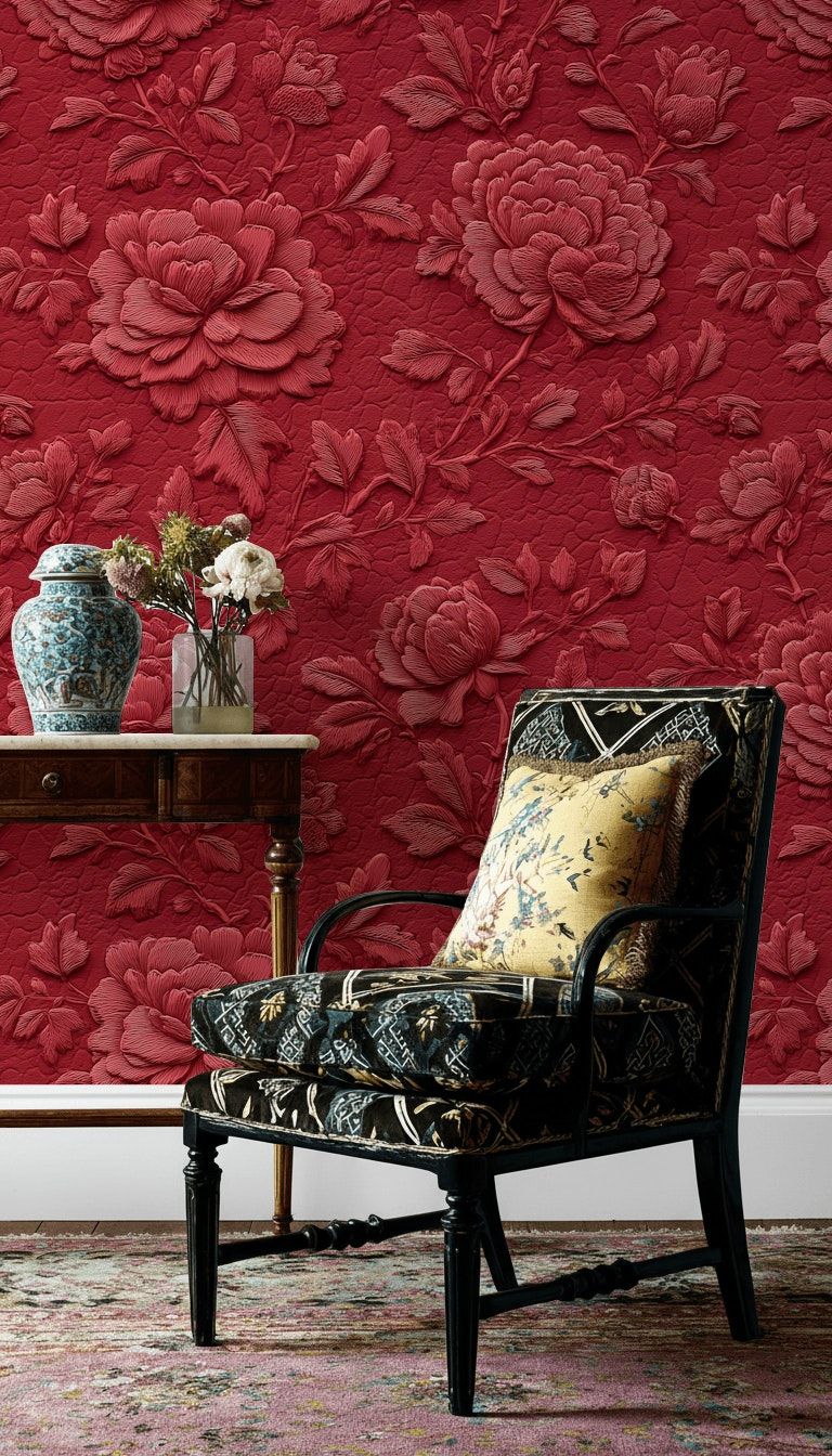 Kabartma Çiçekli Duvar Kağıdı Bordo Kırmızı Klasik Salon