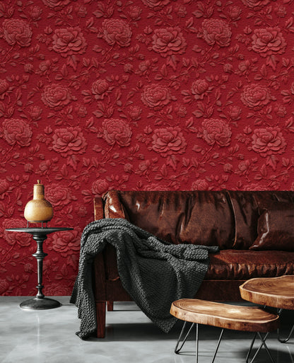 Kabartma Çiçekli Duvar Kağıdı Bordo Kırmızı Klasik Salon