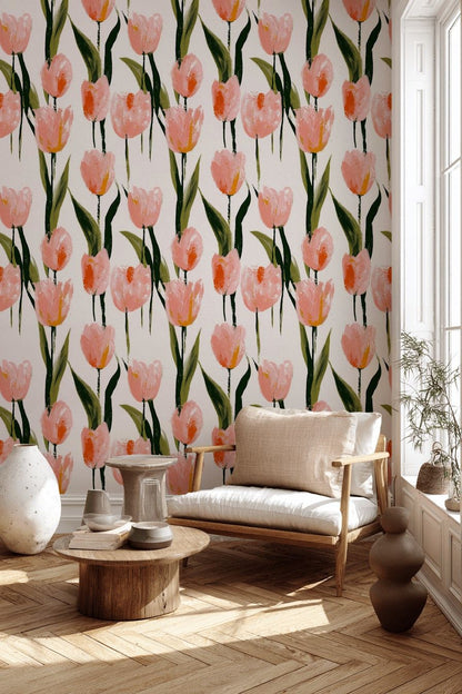 Pembe Laleli Duvar Kağıdı Sulu Boya Çiçek Desenli Salon