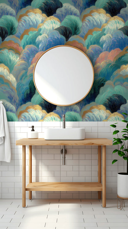 Soyut Bulut Desenli Duvar Kağıdı Mavi Yeşil Banyo