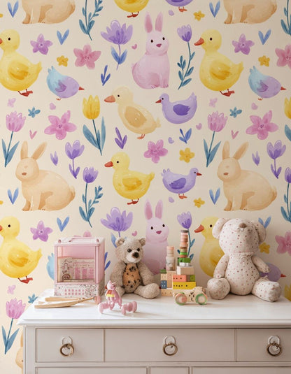Tavşan ve Ördekli Çocuk Odası Duvar Kağıdı Pastel