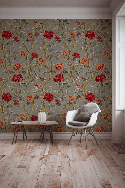 Kuşlu Çiçekli Duvar Kağıdı Kırmızı Gül Desenli Salon
