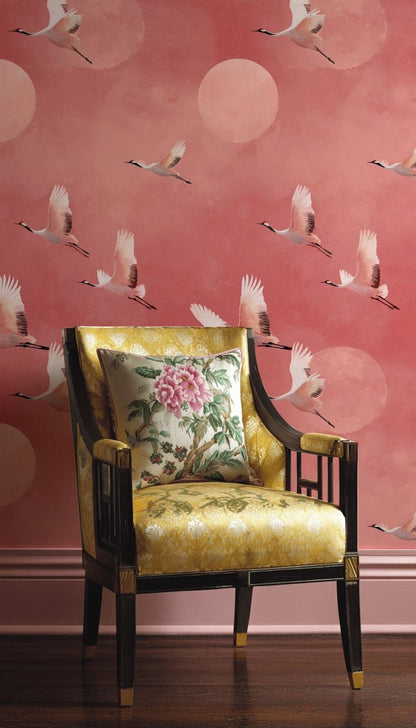 Uçan Turnalı Duvar Kağıdı Kiremit Kırmızı Salon Deseni