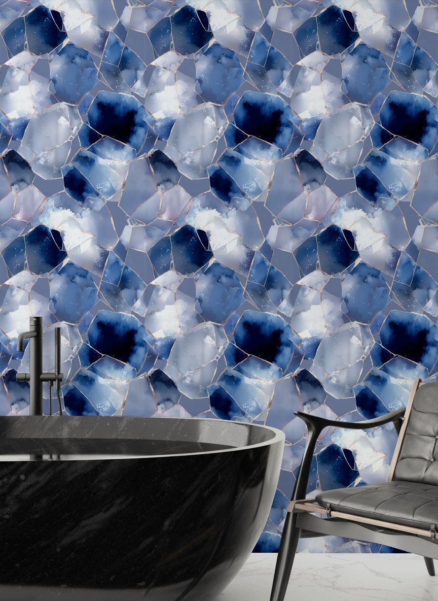 Mavi Geometrik Taş Desenli Duvar Kağıdı Modern Banyo Dekoru
