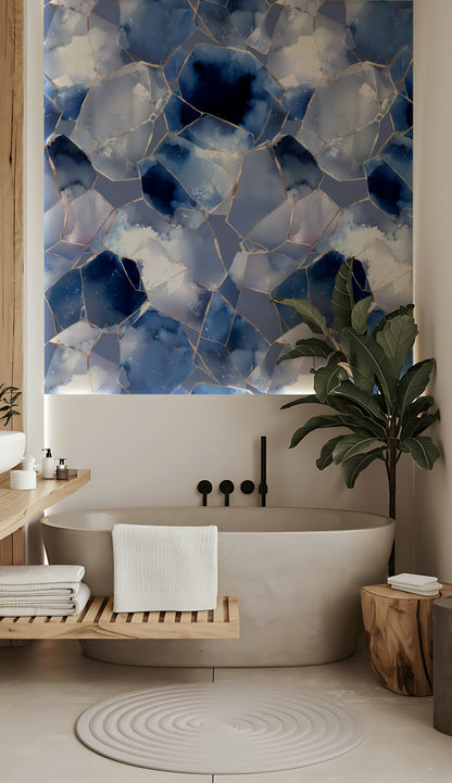 Mavi Geometrik Taş Desenli Duvar Kağıdı Modern Banyo Dekoru