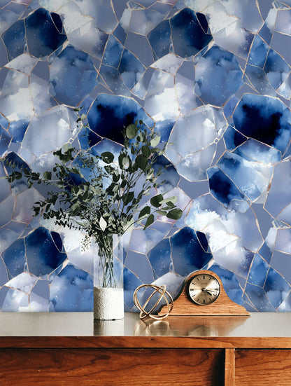 Mavi Geometrik Taş Desenli Duvar Kağıdı Modern Banyo Dekoru