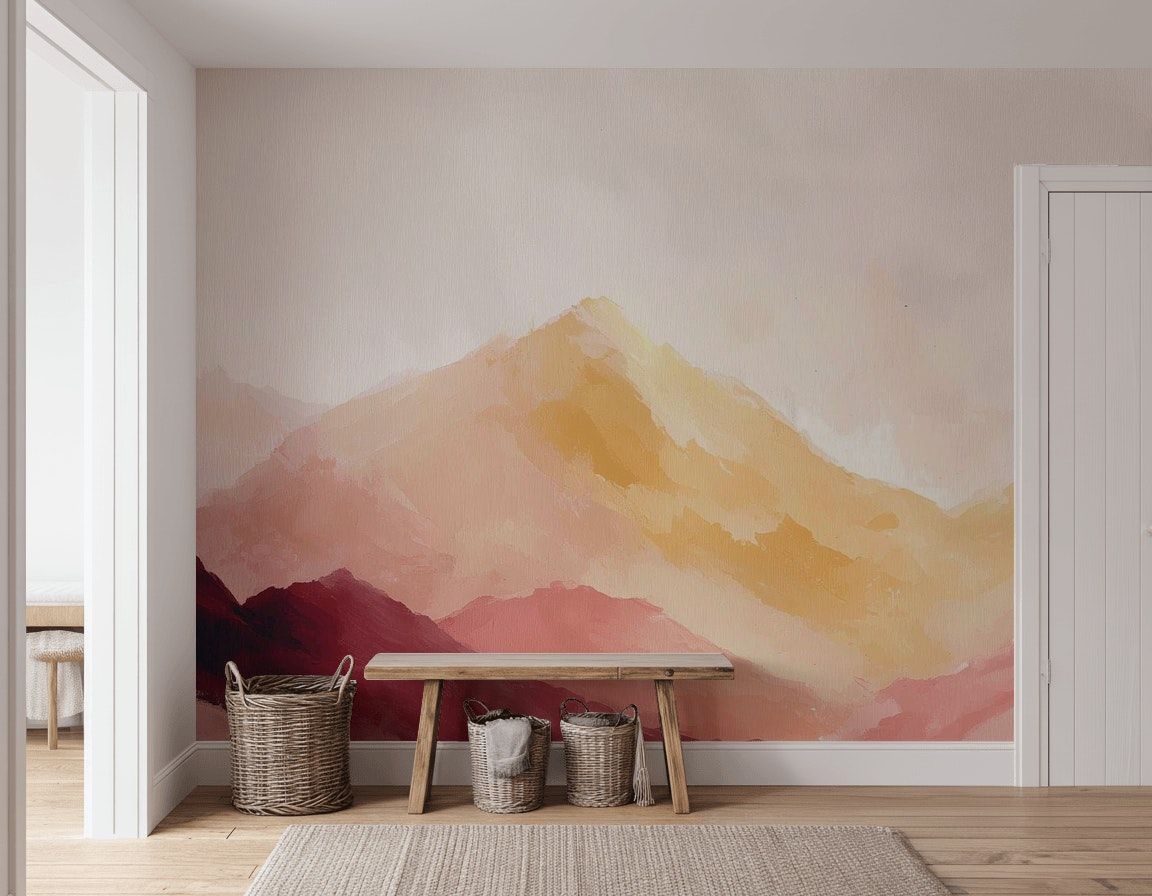 Suluboya Dağ Manzarası Poster Duvar Kağıdı Pastel Sarı Pembe