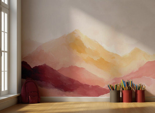 Suluboya Dağ Manzarası Poster Duvar Kağıdı Pastel Sarı Pembe