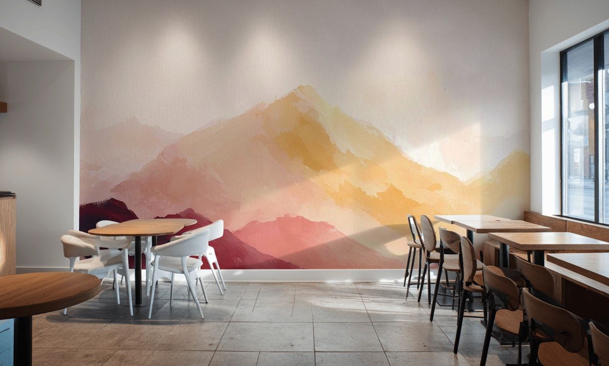 Suluboya Dağ Manzarası Poster Duvar Kağıdı Pastel Sarı Pembe
