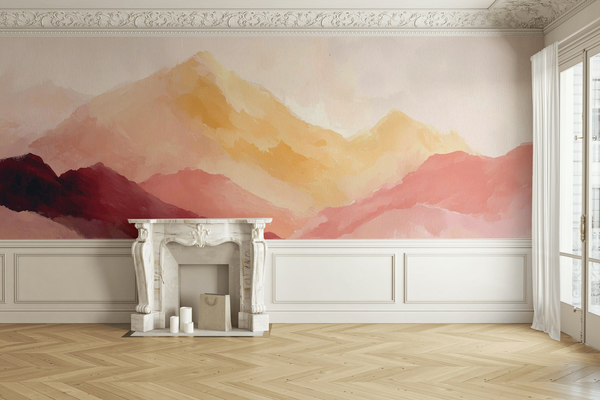 Suluboya Dağ Manzarası Poster Duvar Kağıdı Pastel Sarı Pembe
