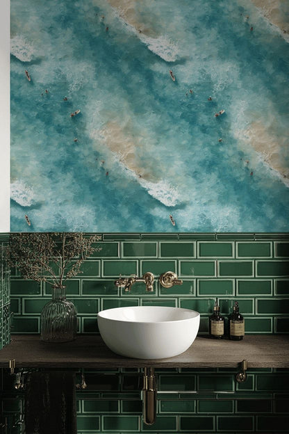 Havadan Deniz Dalgası Duvar Kağıdı Mavi Banyo