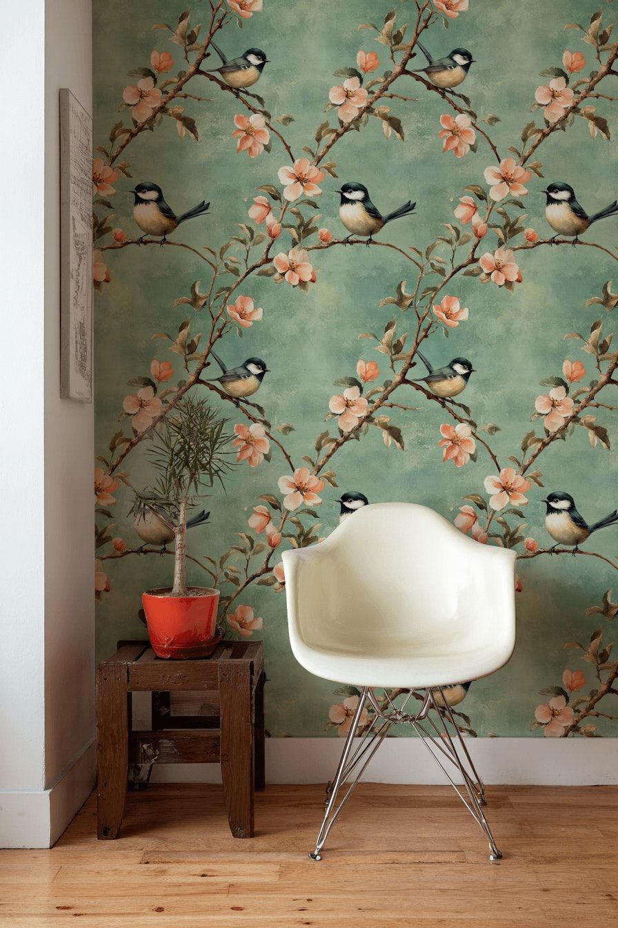 Çiçekli Kuşlu Duvar Kağıdı Yeşil Vintage Salon