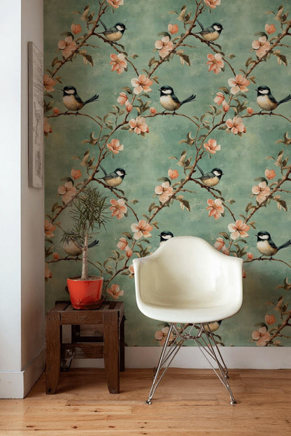 Çiçekli Kuşlu Duvar Kağıdı Yeşil Vintage Salon