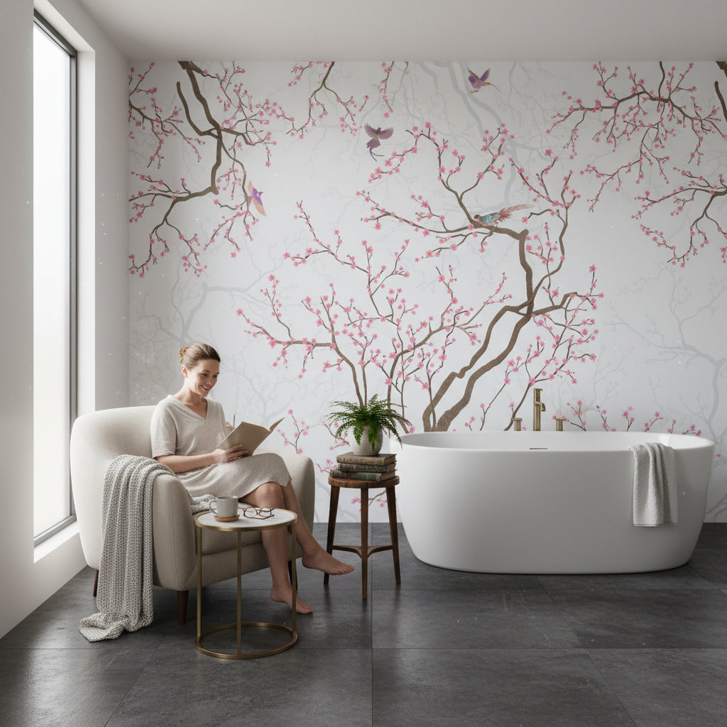 Kiraz Çiçekli Dallı Poster Duvar Kağıdı Pembe Beyaz Banyo