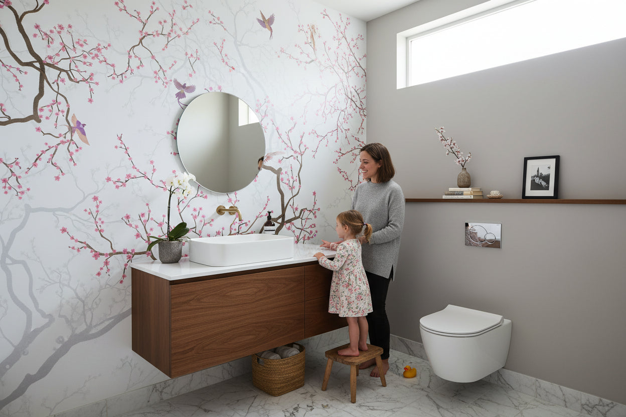 Kiraz Çiçekli Dallı Poster Duvar Kağıdı Pembe Beyaz Banyo